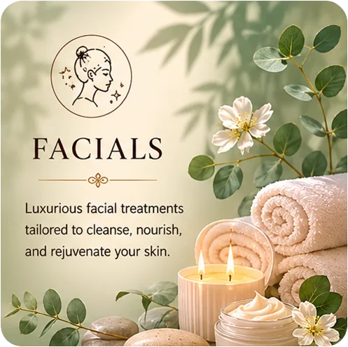 Facials in Salem OR service card with candles, towels, and spa botanicals