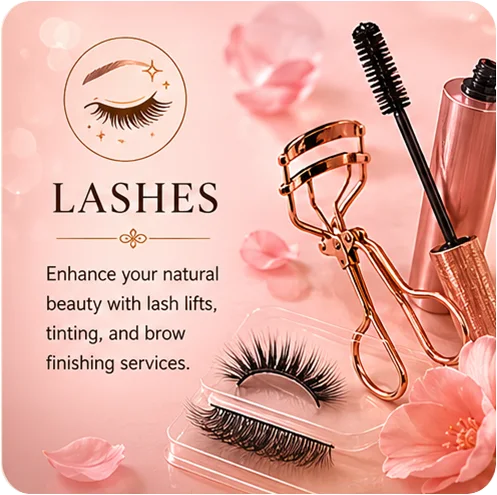 Lash services in Salem OR card with lash tools and soft pink salon artwork