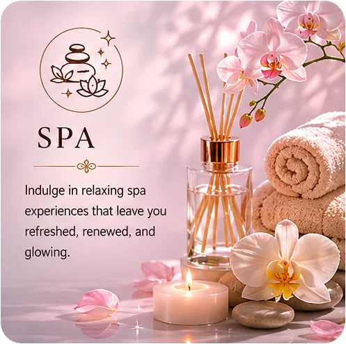 Spa services in Salem OR card with orchids, candle, towels, and diffuser